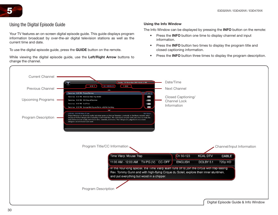 Using the digital episode guide, Using the info window | Vizio E3D420VX User Manual | Page 39 / 56