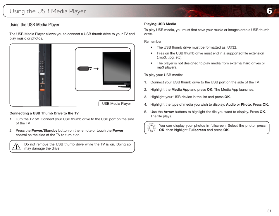 Using the usb media player, Connecting a usb thumb drive to the tv, Playing usb media | Vizio E3D420VX User Manual | Page 40 / 56