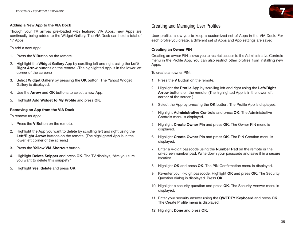Adding a new app to the via dock, Removing an app from the via dock, Creating and managing user profiles | Creating an owner pin | Vizio E3D420VX User Manual | Page 44 / 56
