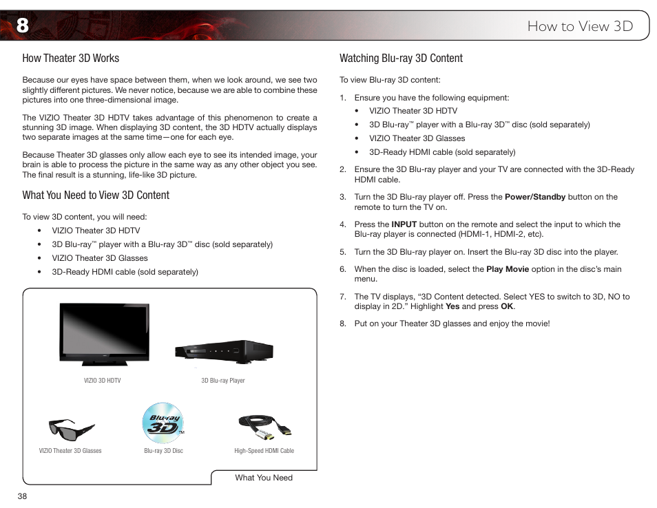 How to view 3d, How theater 3d works, What you need to view 3d content | Watching blu-ray 3d content | Vizio E3D420VX User Manual | Page 47 / 56