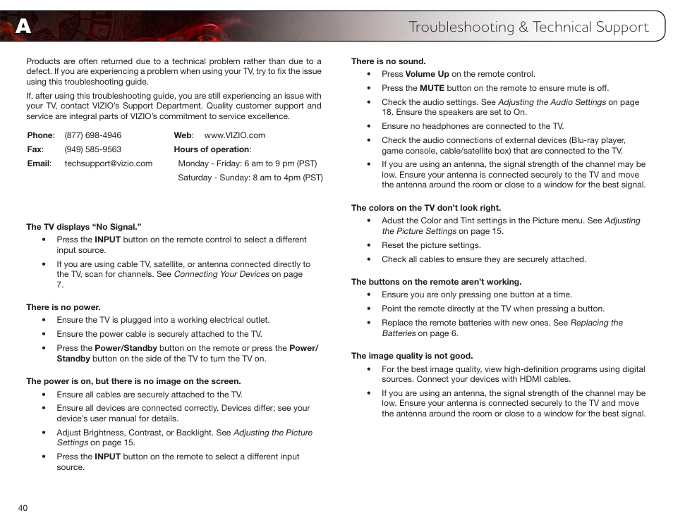 Troubleshooting & technical support, The tv displays “no signal, There is no power | There is no sound, The colors on the tv don’t look right, The buttons on the remote aren’t working, The image quality is not good | Vizio E3D420VX User Manual | Page 49 / 56