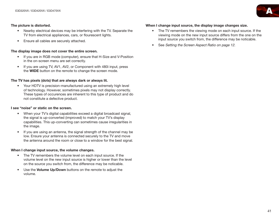 The picture is distorted, The display image does not cover the entire screen, I see “noise” or static on the screen | When i change input source, the volume changes | Vizio E3D420VX User Manual | Page 50 / 56