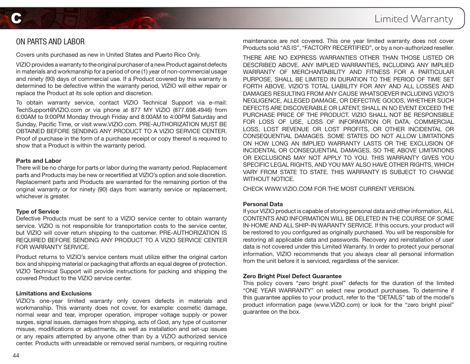 Limited warranty, On parts and labor, Parts and labor | Type of service, Limitations and exclusions, Personal data, Zero bright pixel defect guarantee | Vizio E3D420VX User Manual | Page 53 / 56