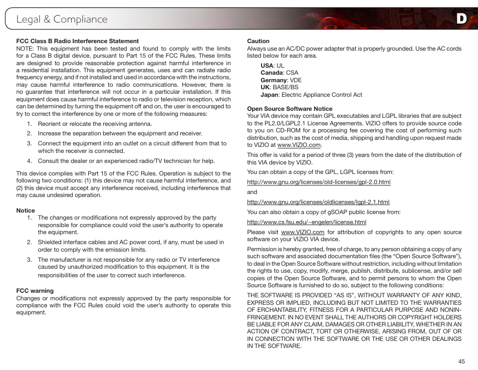 Legal & compliance, Fcc class b radio interference statement, Notice | Fcc warning, Caution, Open source software notice | Vizio E3D420VX User Manual | Page 54 / 56