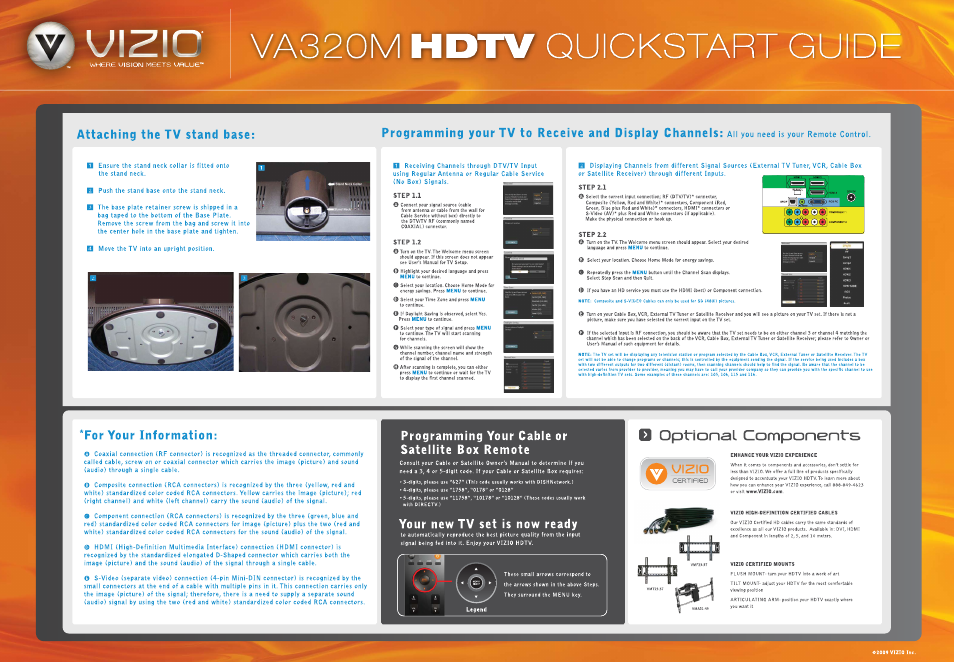 Attaching the tv stand base, Step 1.1, Step 1.2 | Step 2.1, Step 2.2, For your information, Programming your cable or satellite box remote, Your new tv set is now ready, Pt