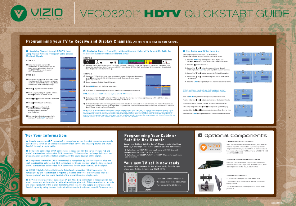Step 1.1, Step 1.2, For your information | Veco320l, Step 2.1, Step 2.2, Programming your cable or satellite box remote, Quickstart guide, Optional components, Your new tv set is now ready | Vizio VECO320L User Manual | Page 2 / 2