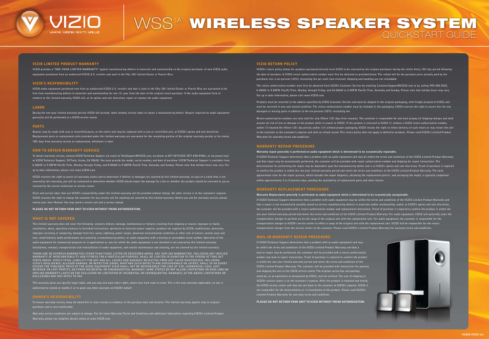 Wss_1a_qsg_back_080608, Wireless speaker system, Quickstart guide | Vizio WSS1A User Manual | Page 2 / 2