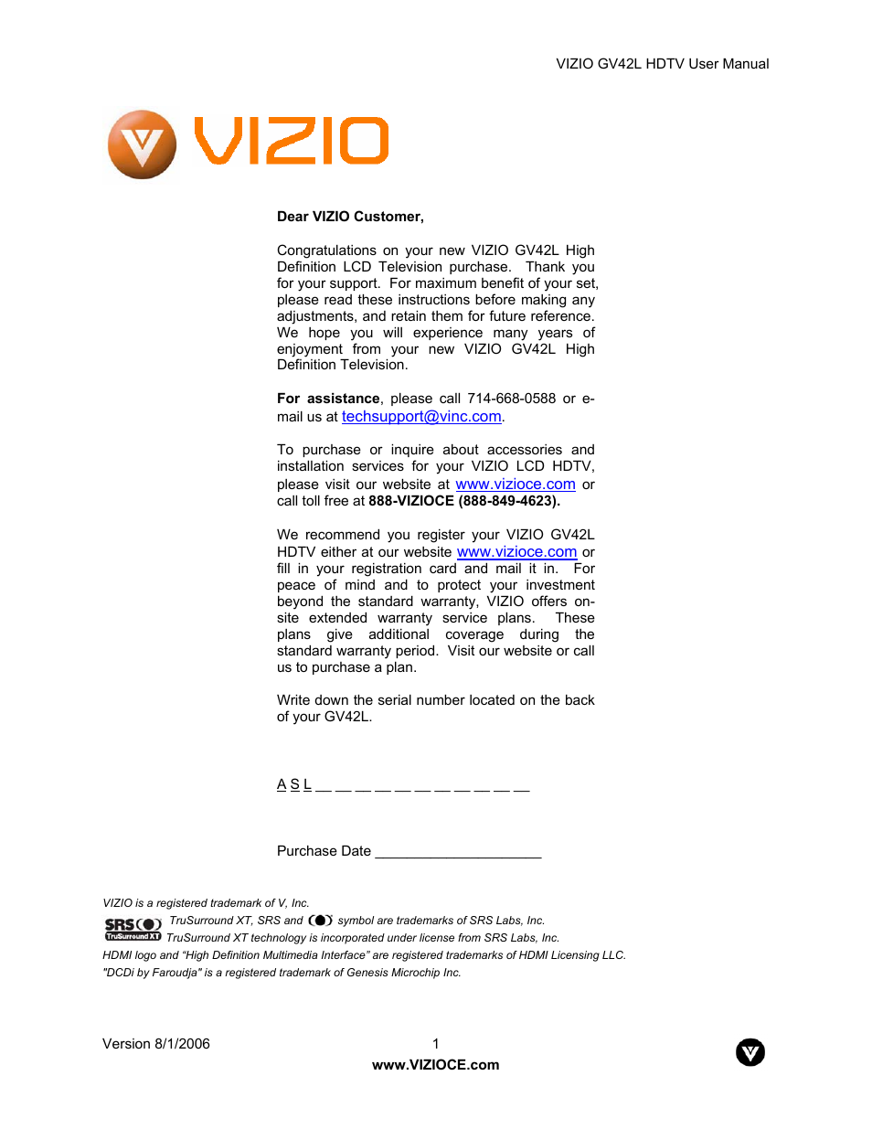 Vizio GV42L User Manual | 77 pages