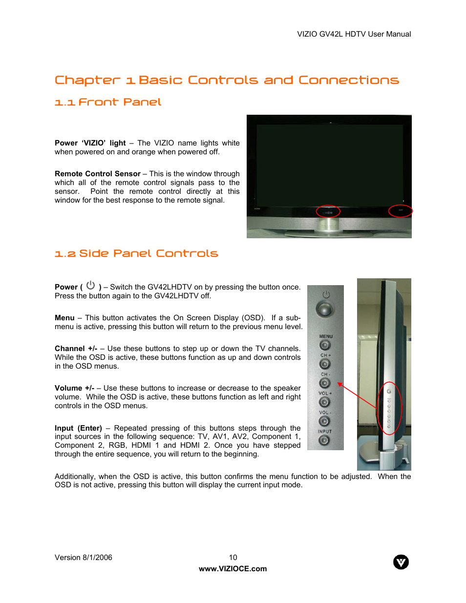 Chapter 1 basic controls and connections, 1 front panel, 2 side panel controls | Vizio GV42L User Manual | Page 10 / 77