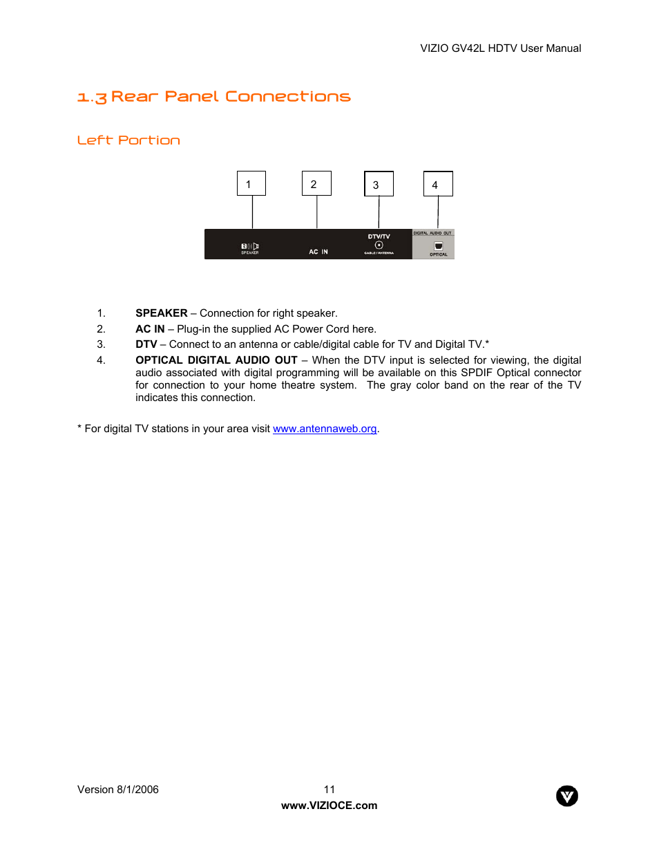 3 rear panel connections | Vizio GV42L User Manual | Page 11 / 77