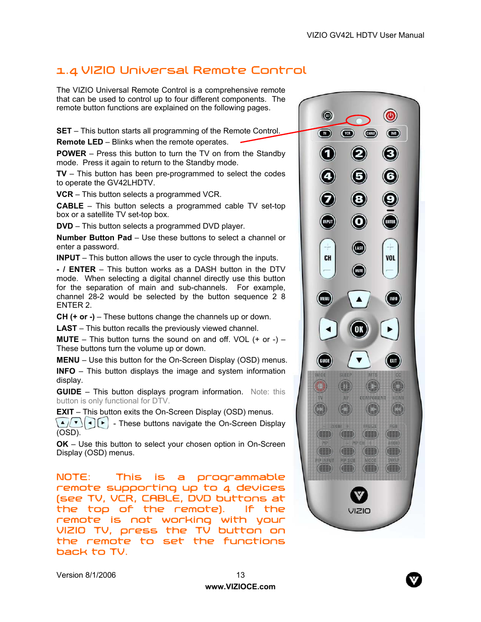 4 vizio universal remote control | Vizio GV42L User Manual | Page 13 / 77