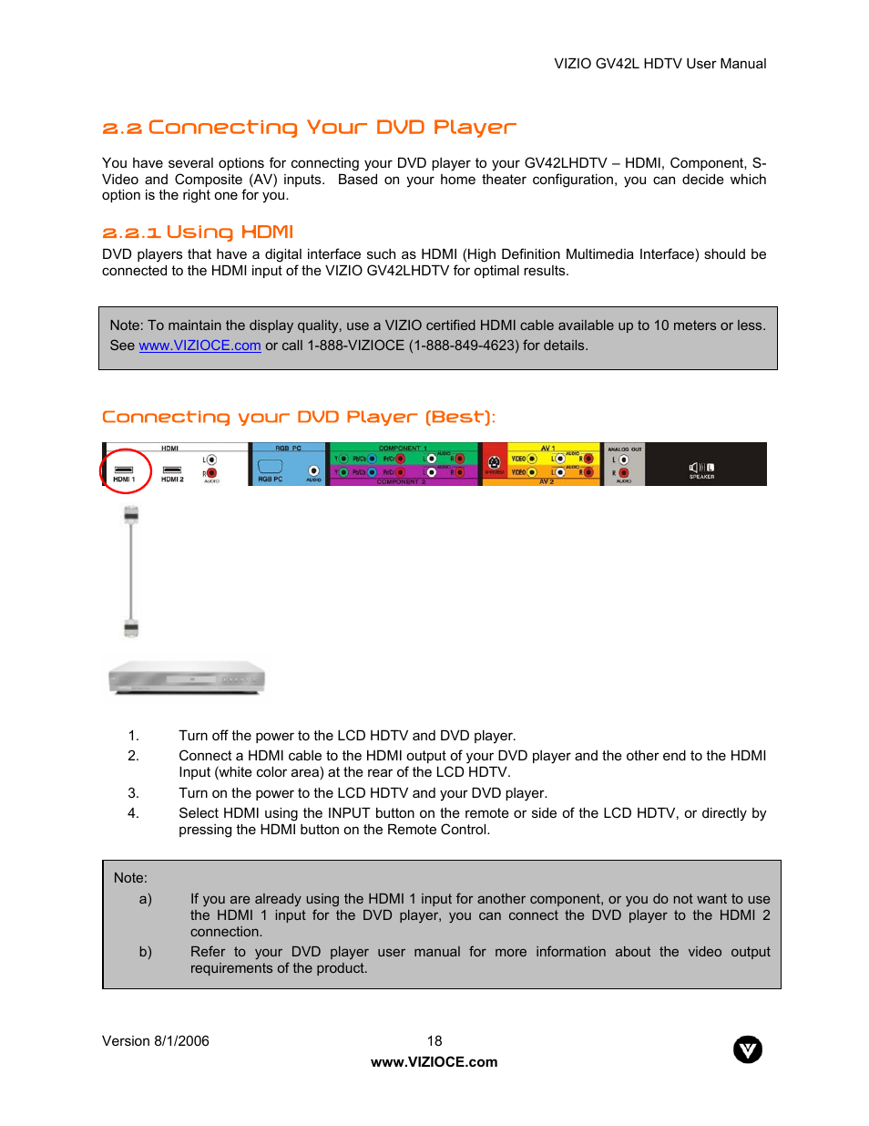 2 connecting your dvd player, 1 using hdmi | Vizio GV42L User Manual | Page 18 / 77