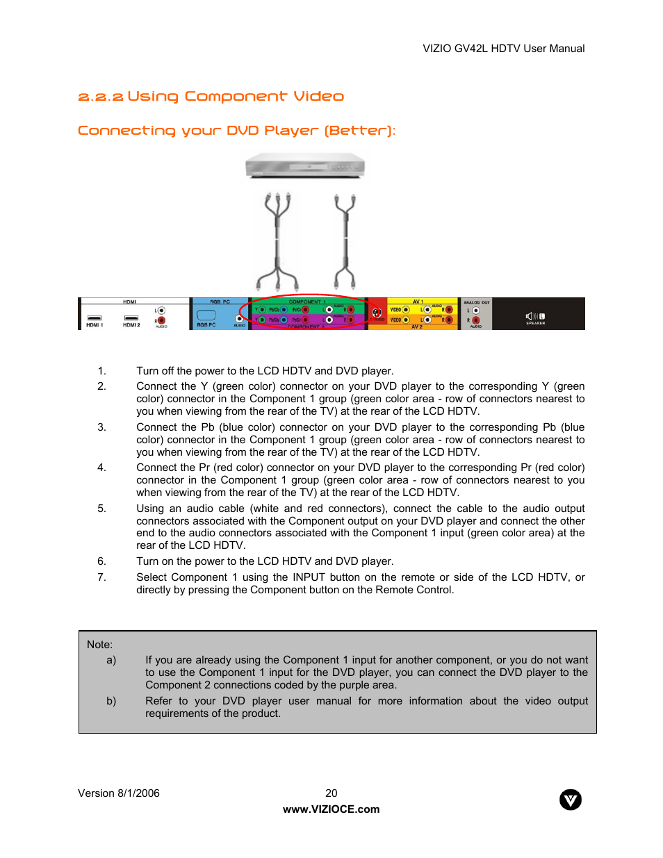 2 using component video | Vizio GV42L User Manual | Page 20 / 77