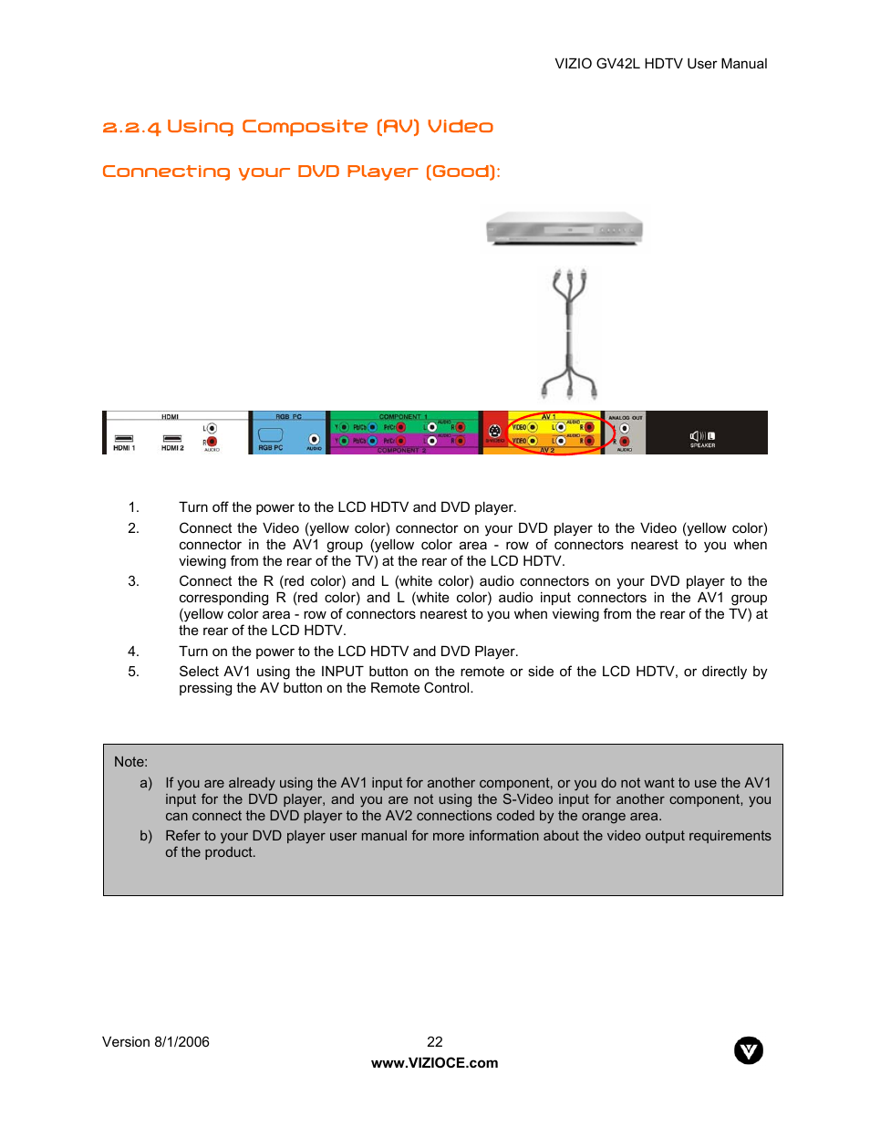 4 using composite (av) video | Vizio GV42L User Manual | Page 22 / 77