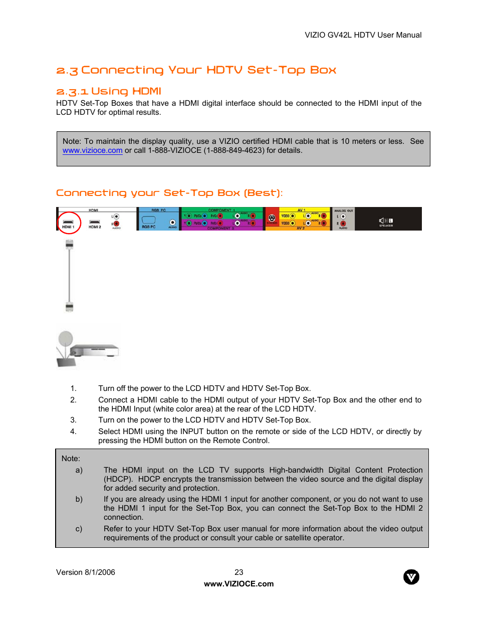 3 connecting your hdtv set-top box, 1 using hdmi | Vizio GV42L User Manual | Page 23 / 77