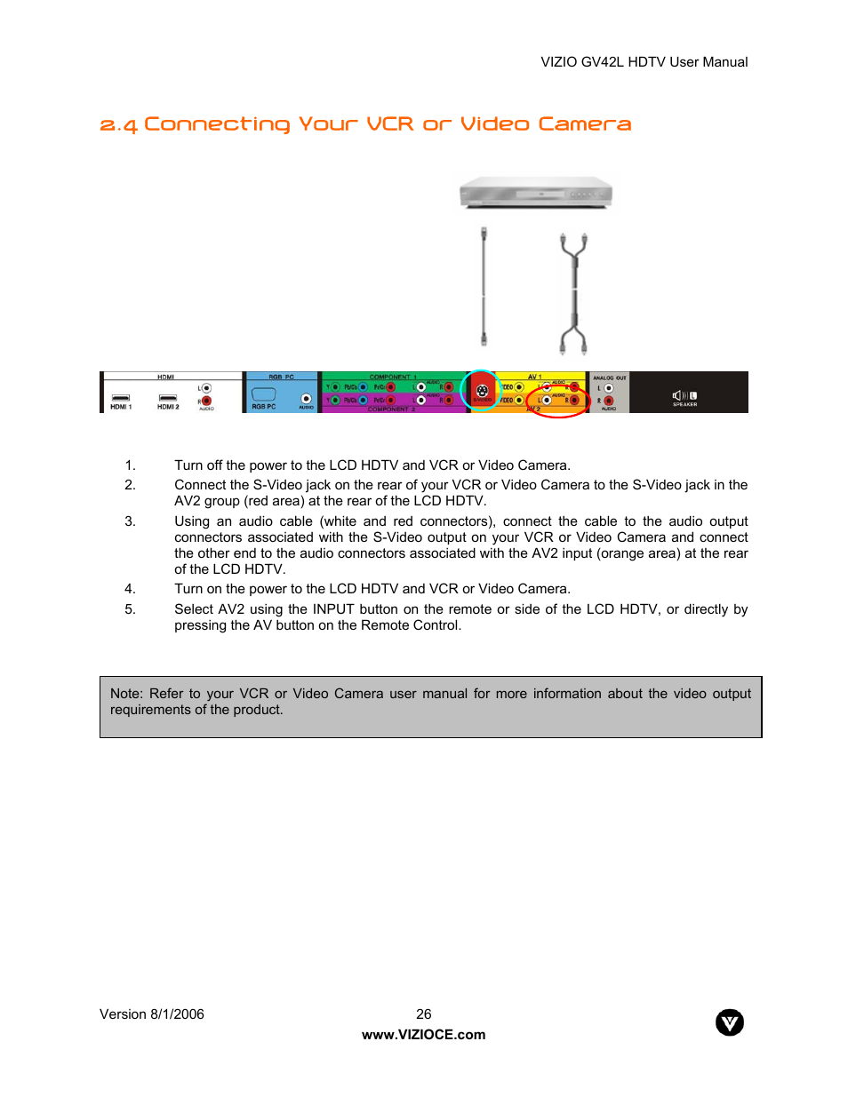 4 connecting your vcr or video camera | Vizio GV42L User Manual | Page 26 / 77