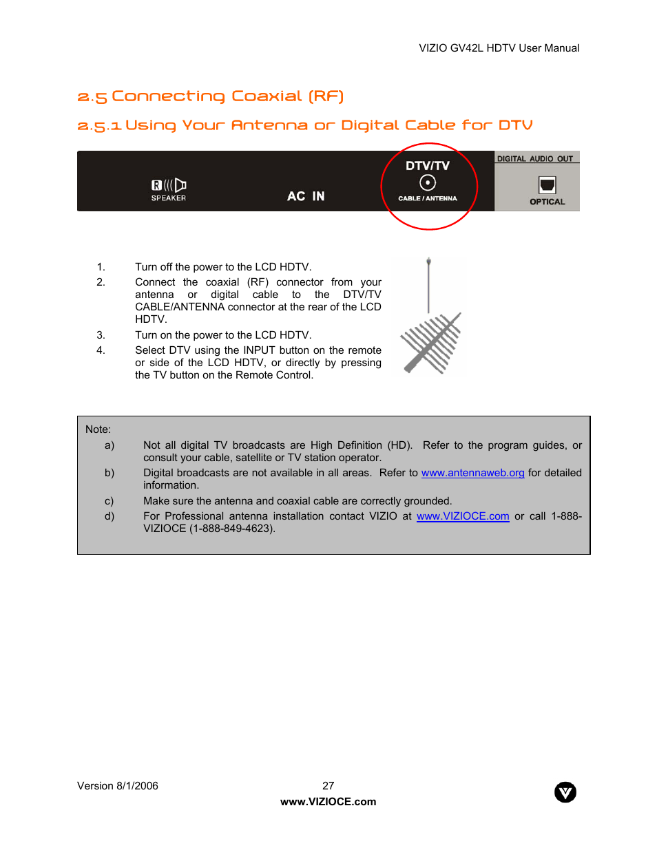 5 connecting coaxial (rf), 1 using your antenna or digital cable for dtv | Vizio GV42L User Manual | Page 27 / 77