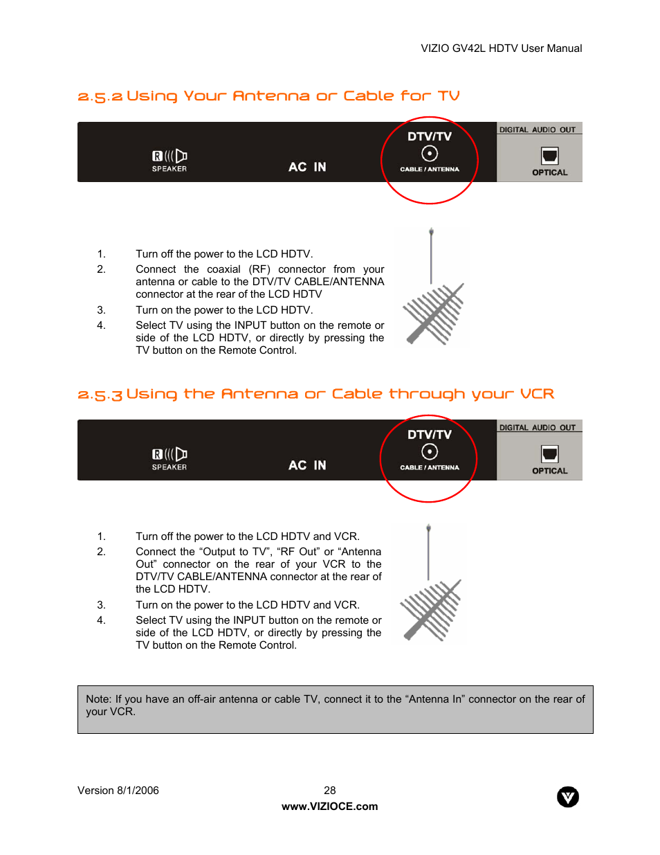 2 using your antenna or cable for tv, 3 using the antenna or cable through your vcr | Vizio GV42L User Manual | Page 28 / 77