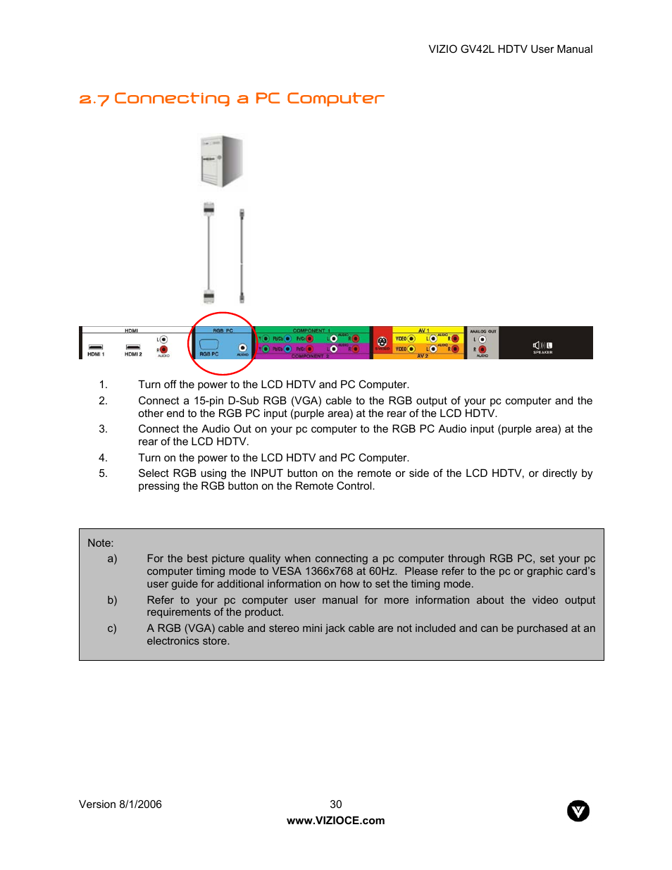 7 connecting a pc computer | Vizio GV42L User Manual | Page 30 / 77