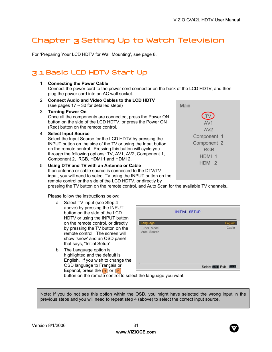 Chapter 3 setting up to watch television, 1 basic lcd hdtv start up | Vizio GV42L User Manual | Page 31 / 77