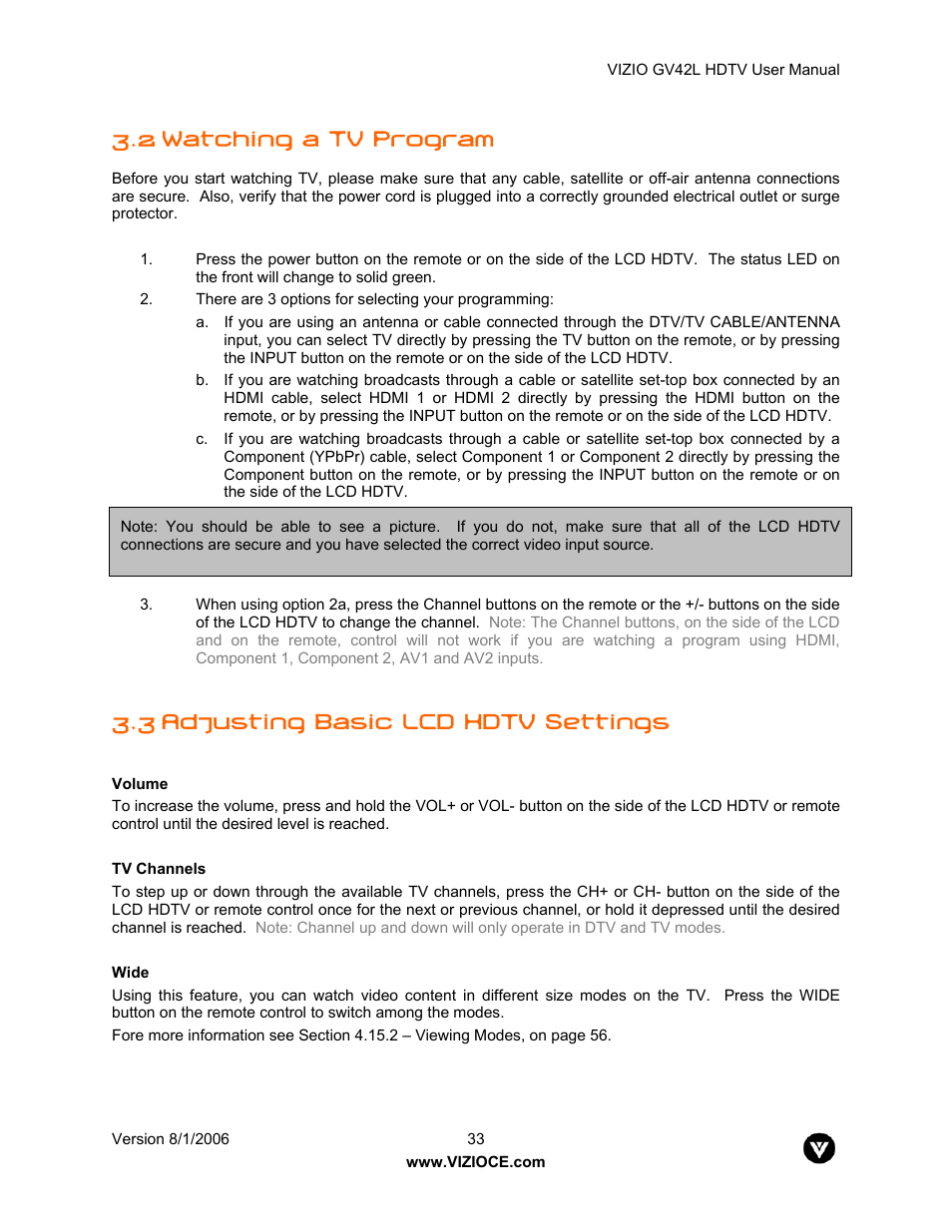 2 watching a tv program, 3 adjusting basic lcd hdtv settings | Vizio GV42L User Manual | Page 33 / 77