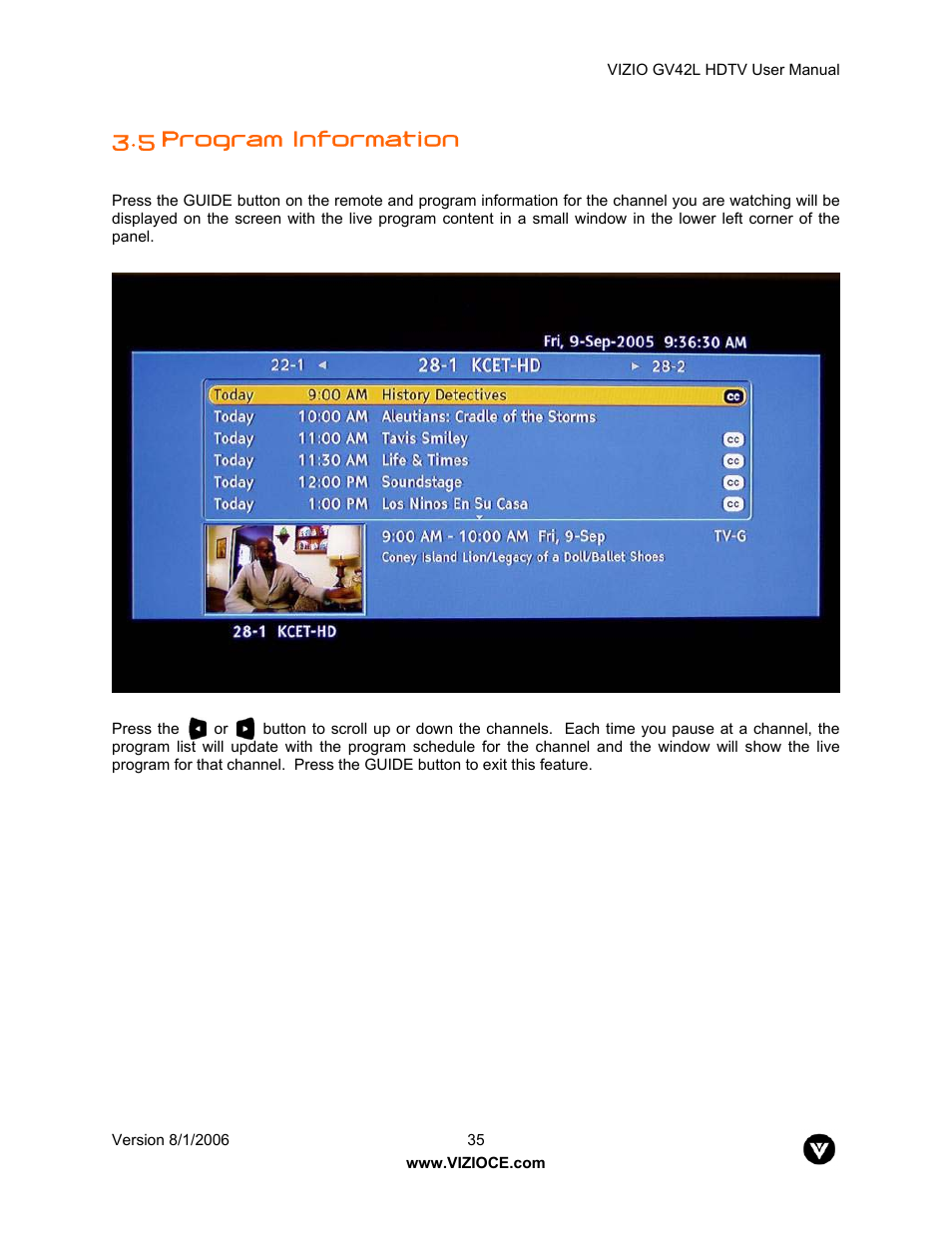 5 program information | Vizio GV42L User Manual | Page 35 / 77