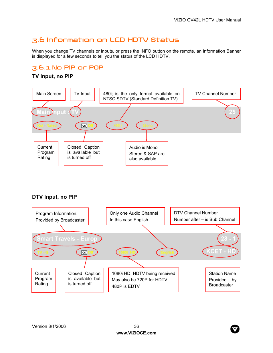 6 information on lcd hdtv status, 1 no pip or pop | Vizio GV42L User Manual | Page 36 / 77