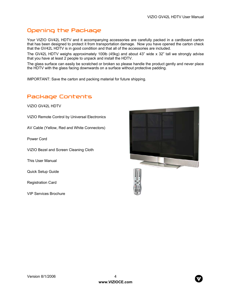 Opening the package, Package contents | Vizio GV42L User Manual | Page 4 / 77