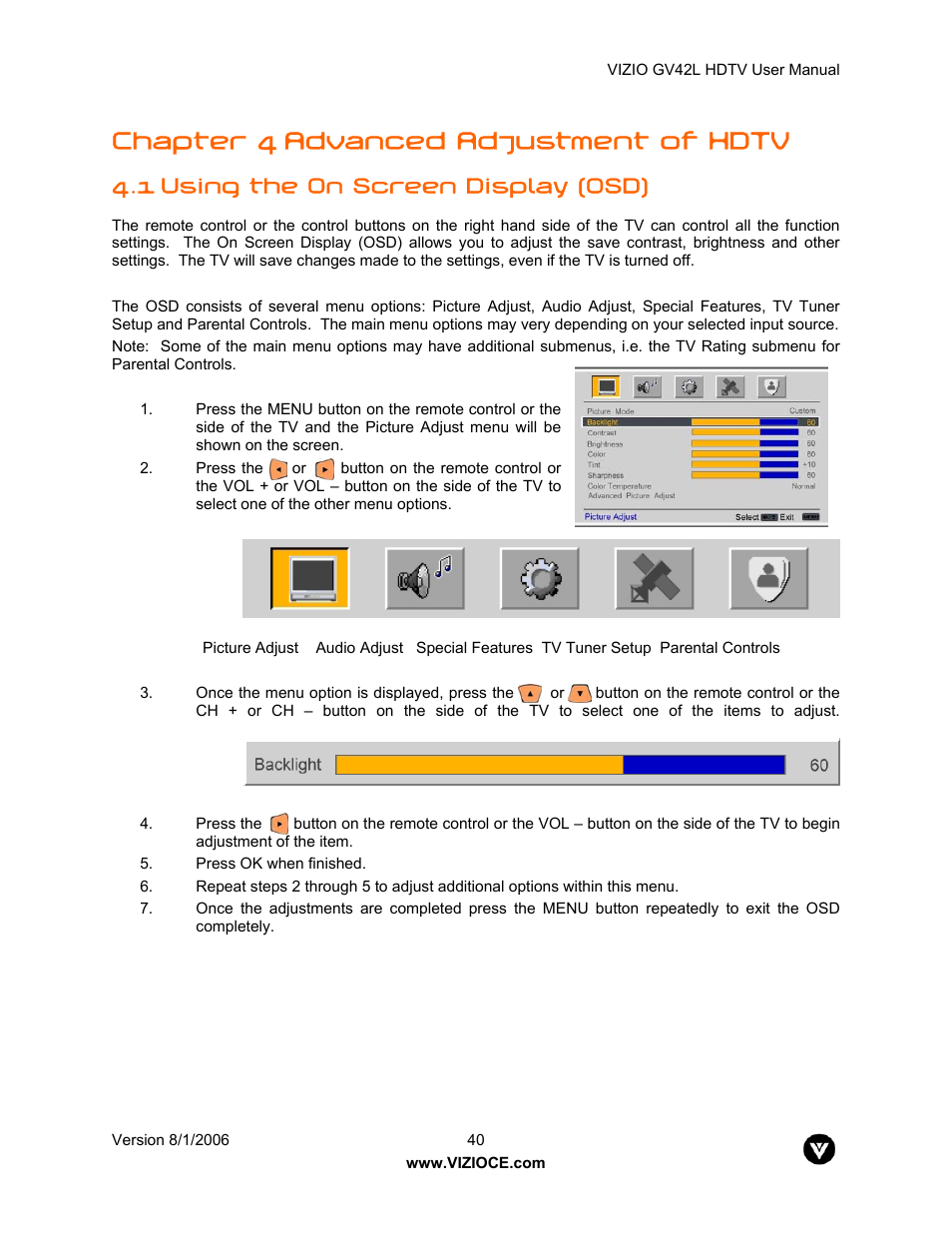 Chapter 4 advanced adjustment of hdtv, 1 using the on screen display (osd) | Vizio GV42L User Manual | Page 40 / 77
