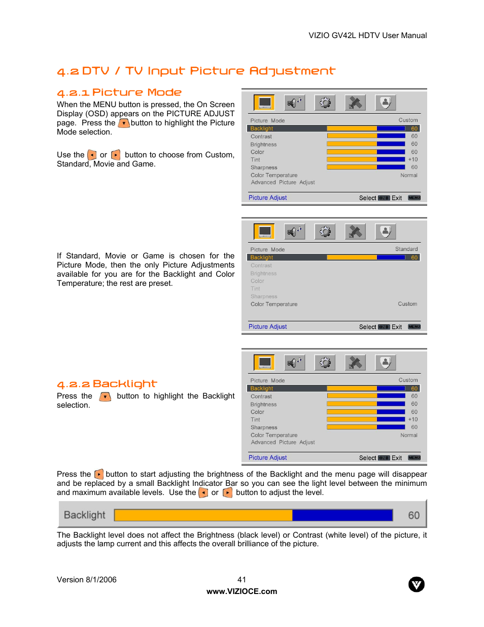 2 dtv / tv input picture adjustment | Vizio GV42L User Manual | Page 41 / 77