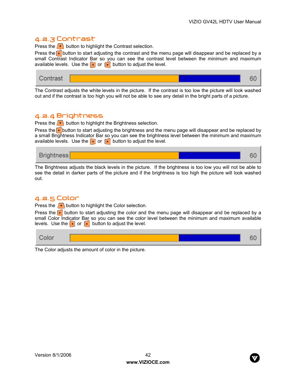3 contrast, 4 brightness, 5 color | Vizio GV42L User Manual | Page 42 / 77