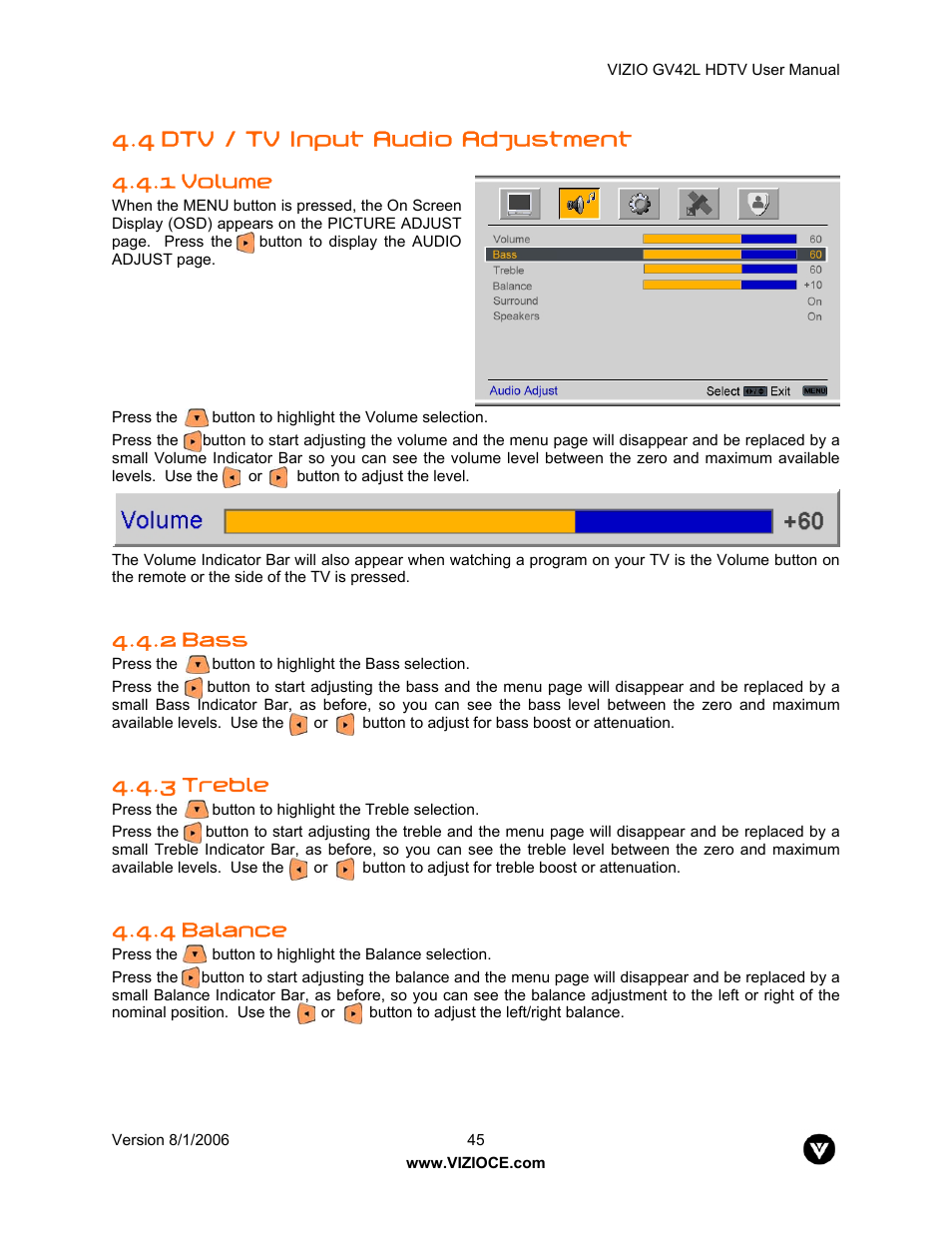 4 dtv / tv input audio adjustment | Vizio GV42L User Manual | Page 45 / 77