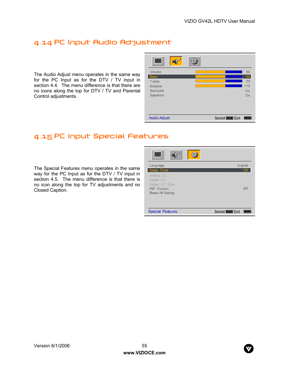 14 pc input audio adjustment, 15 pc input special features | Vizio GV42L User Manual | Page 55 / 77