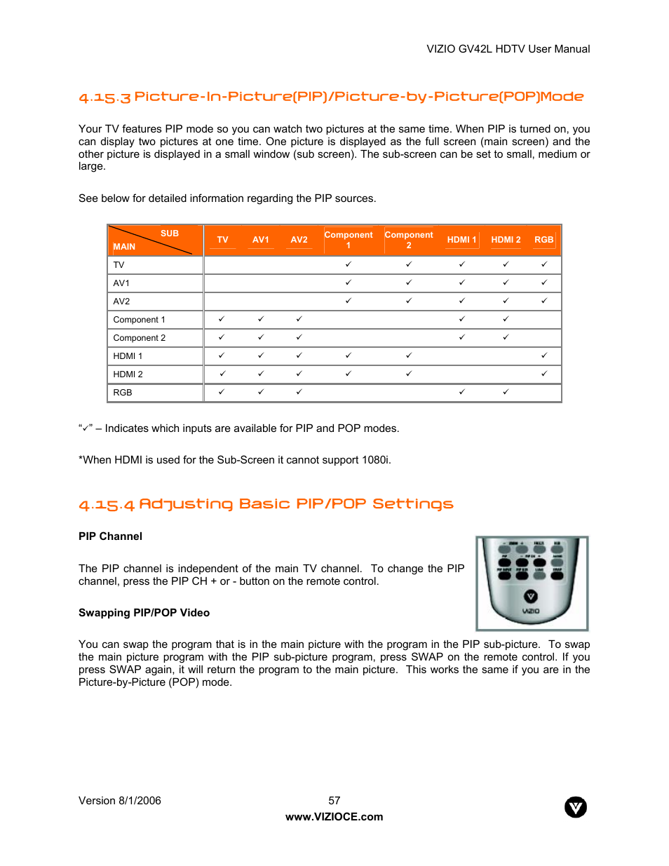 4 adjusting basic pip/pop settings | Vizio GV42L User Manual | Page 57 / 77