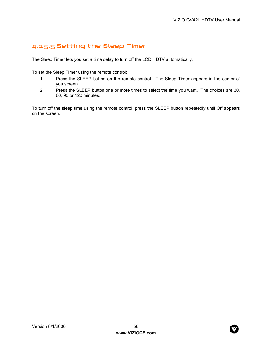 5 setting the sleep timer | Vizio GV42L User Manual | Page 58 / 77