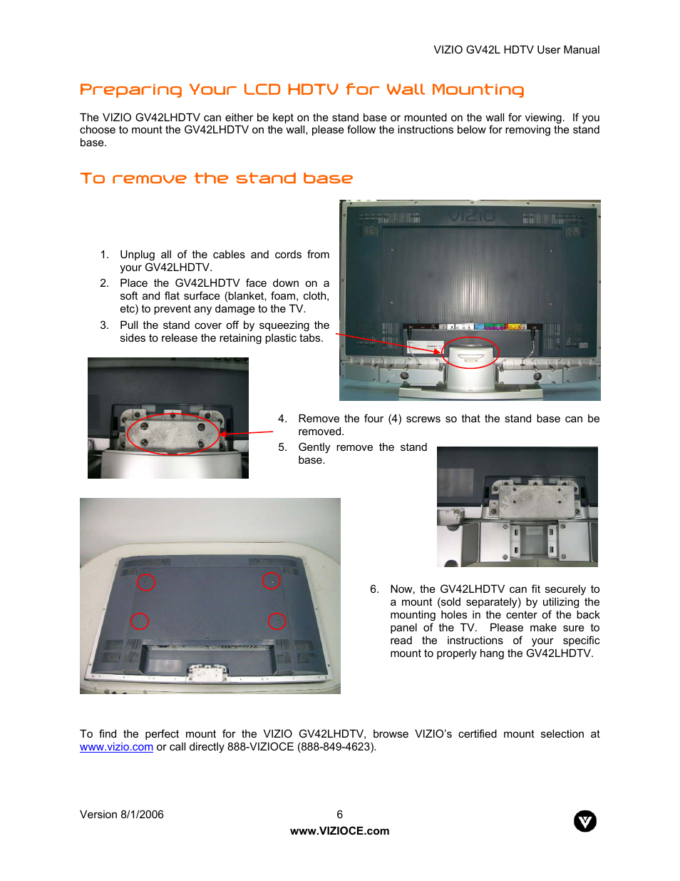 Preparing your lcd hdtv for wall mounting | Vizio GV42L User Manual | Page 6 / 77