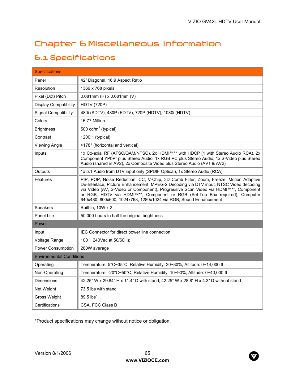 Chapter 6 miscellaneous information, 1 specifications | Vizio GV42L User Manual | Page 65 / 77
