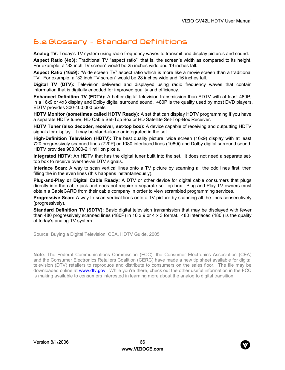 2 glossary – standard definitions | Vizio GV42L User Manual | Page 66 / 77