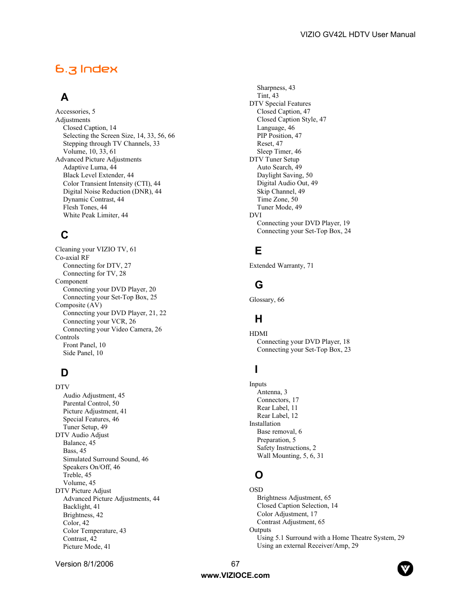 3 index a | Vizio GV42L User Manual | Page 67 / 77