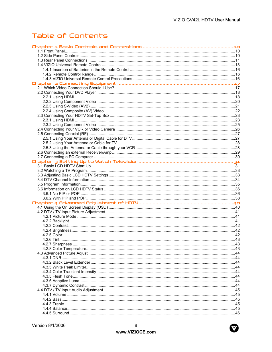 Vizio GV42L User Manual | Page 8 / 77