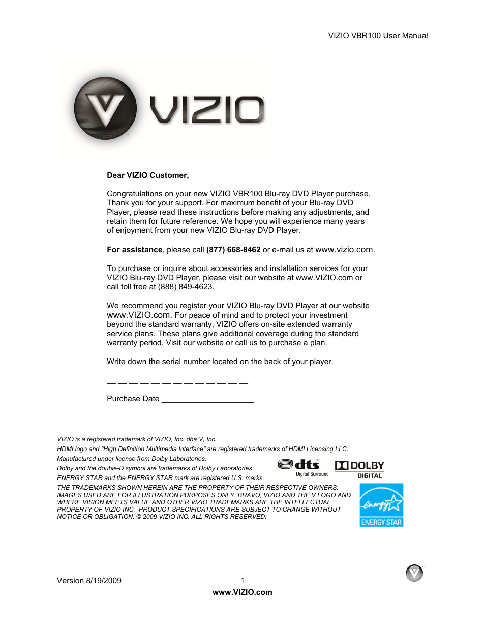 Vizio VBR100 User Manual | 42 pages