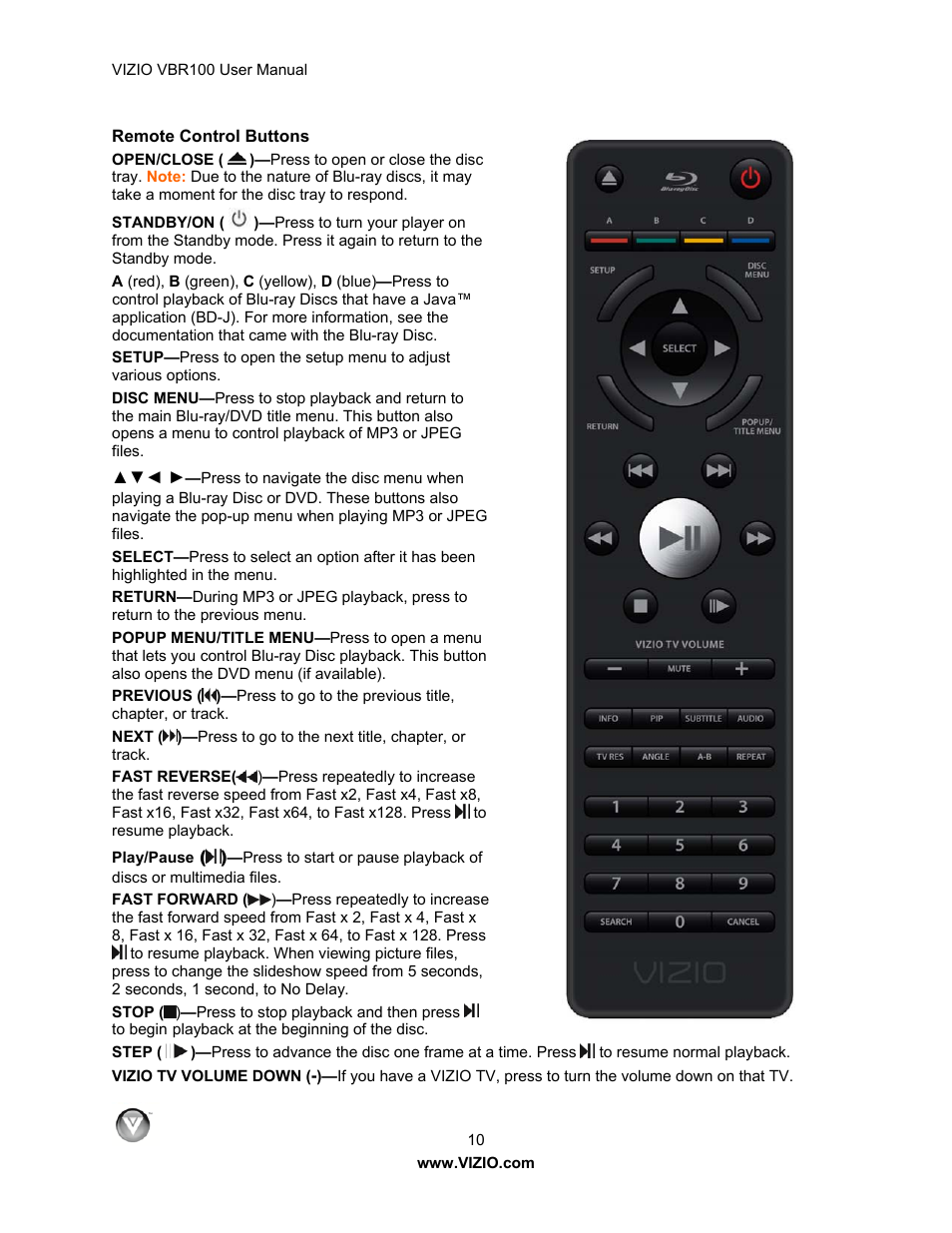 Remote control buttons | Vizio VBR100 User Manual | Page 10 / 42