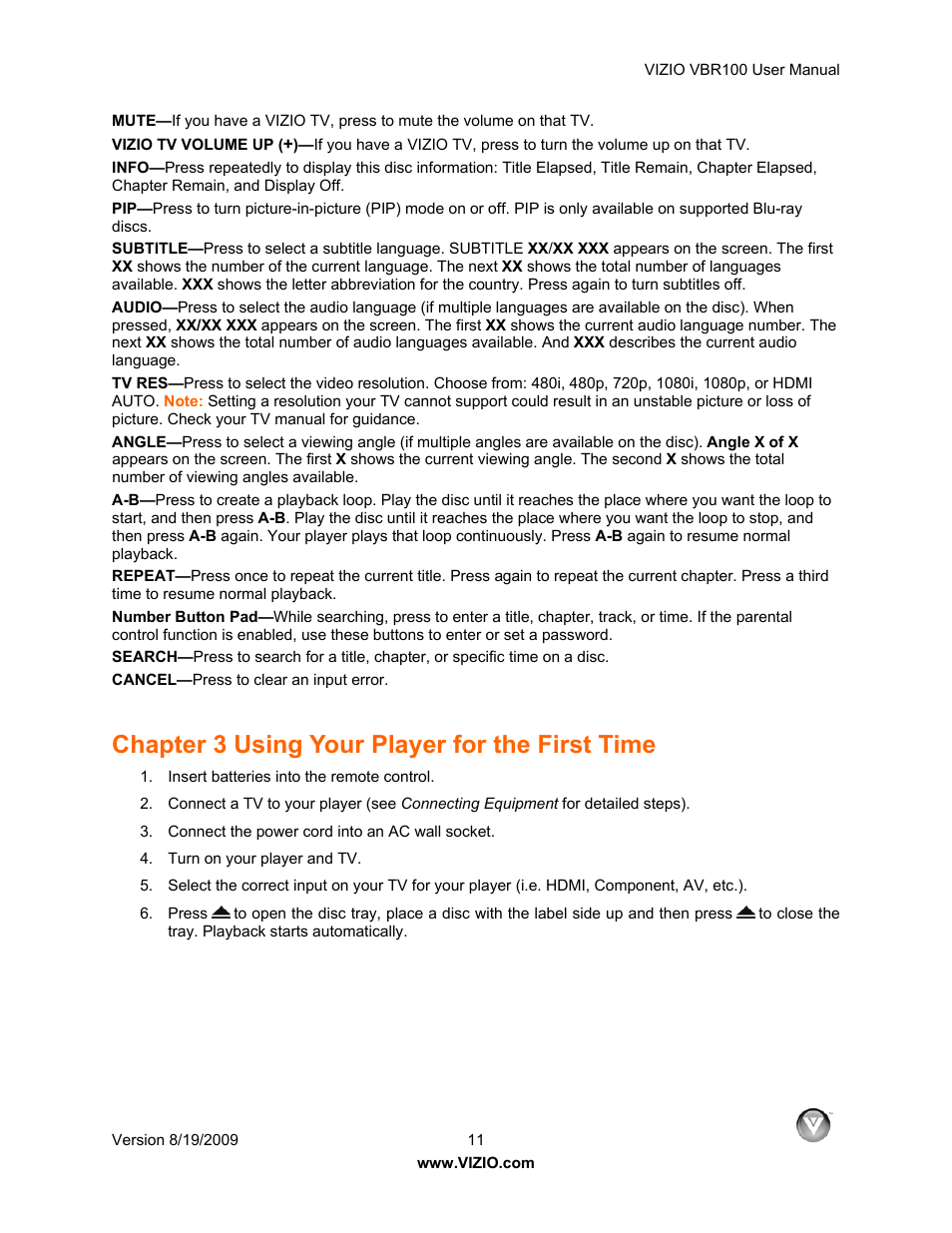 Chapter 3 using your player for the first time | Vizio VBR100 User Manual | Page 11 / 42