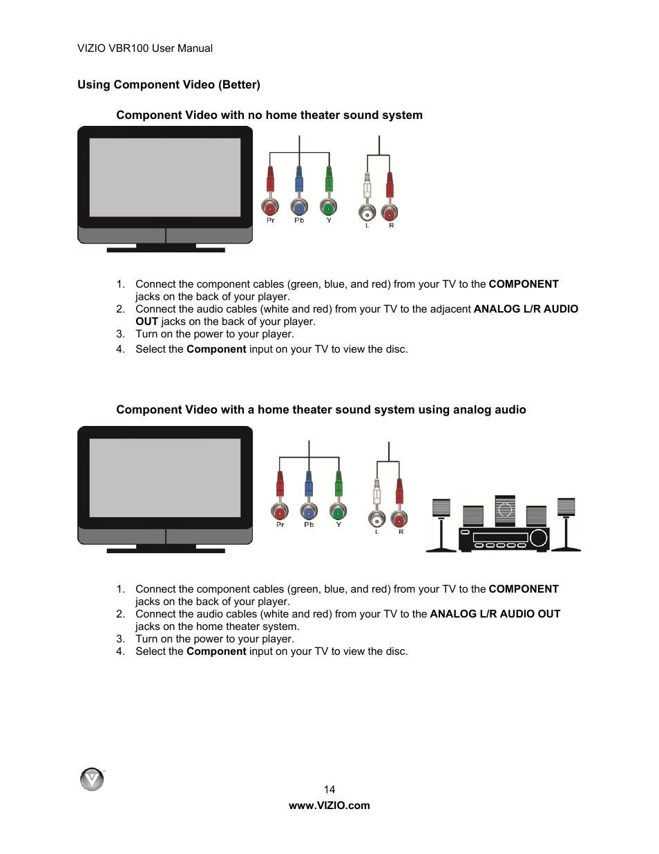 Using component video (better), Component video with no home theater sound system | Vizio VBR100 User Manual | Page 14 / 42