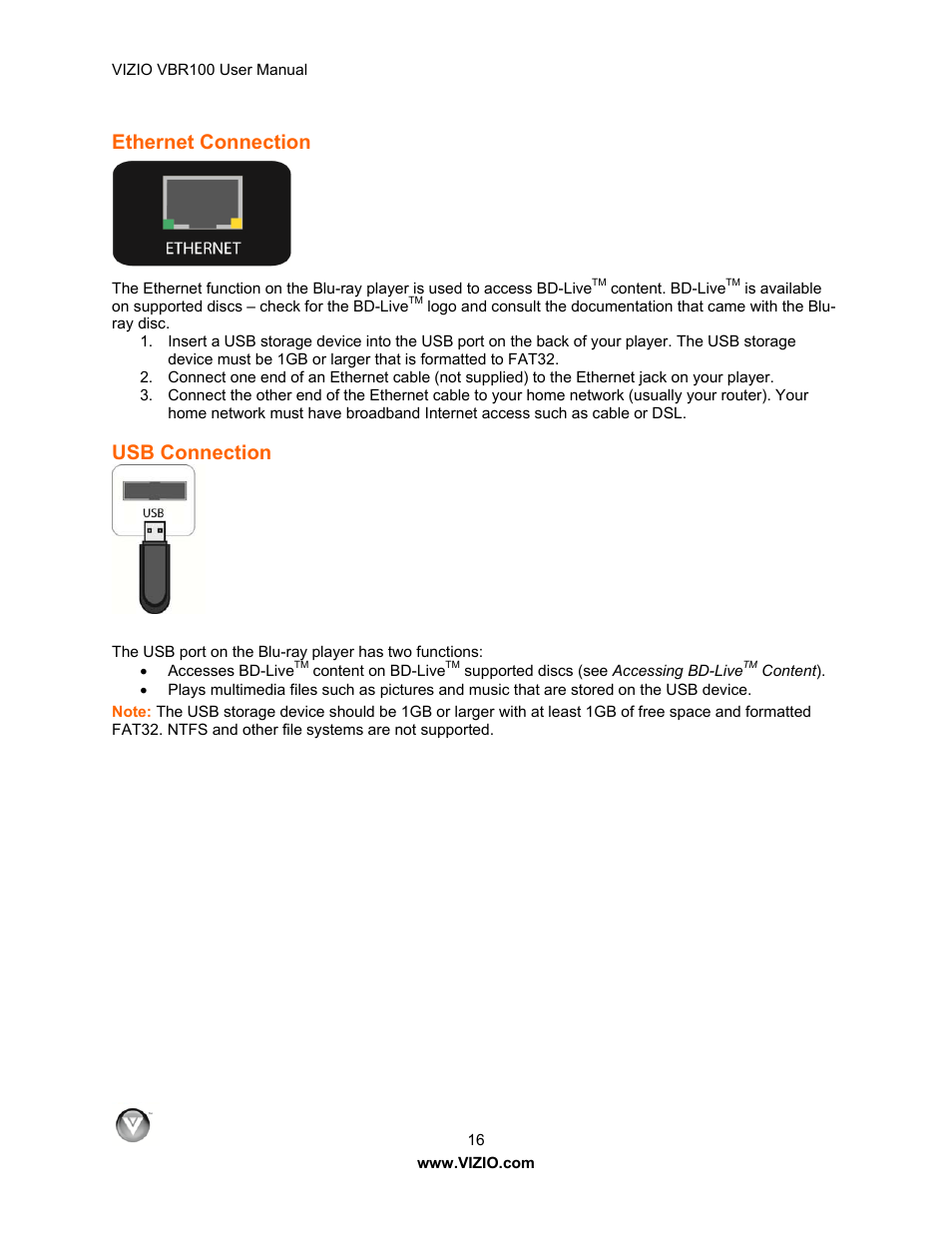 Ethernet connection, Usb connection | Vizio VBR100 User Manual | Page 16 / 42