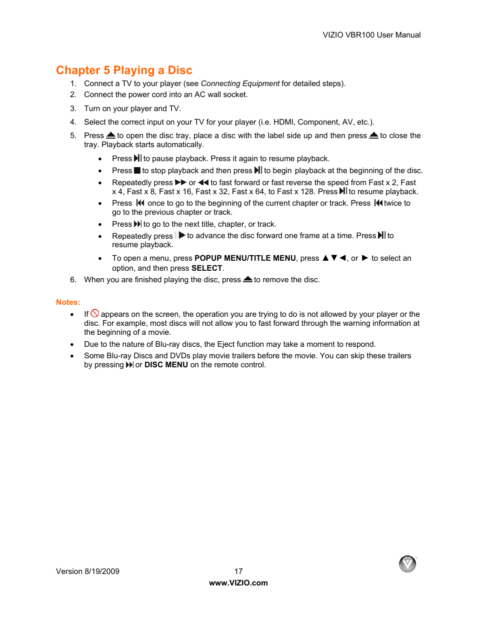 Chapter 5 playing a disc | Vizio VBR100 User Manual | Page 17 / 42