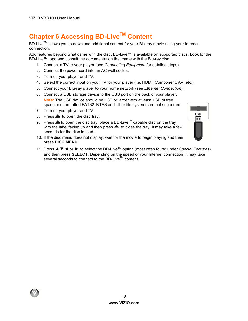 Chapter 6 accessing bd-livetm content, Chapter 6 accessing bd-live, Content | Vizio VBR100 User Manual | Page 18 / 42
