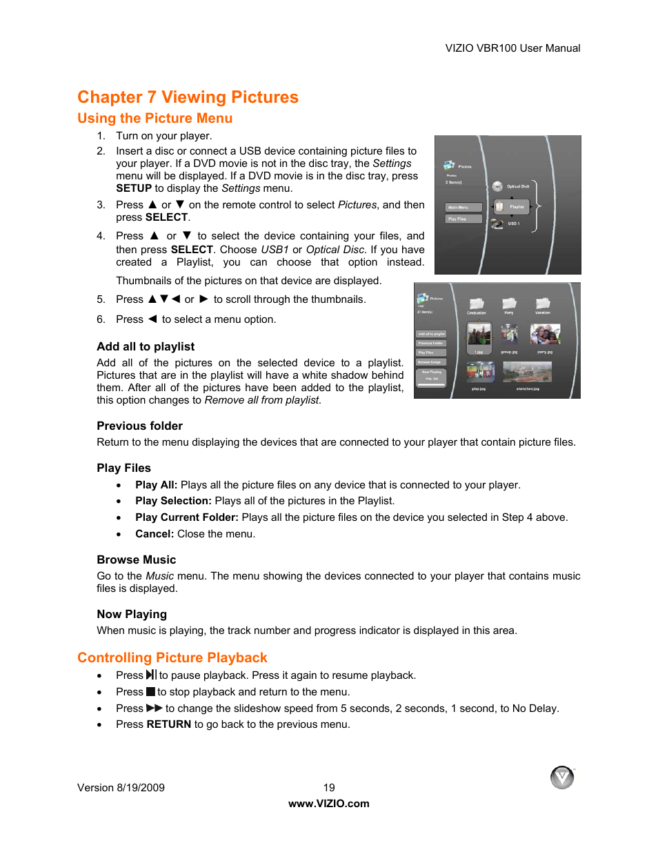 Chapter 7 viewing pictures, Using the picture menu, Add all to playlist | Previous folder, Play files, Browse music, Now playing, Controlling picture playback | Vizio VBR100 User Manual | Page 19 / 42
