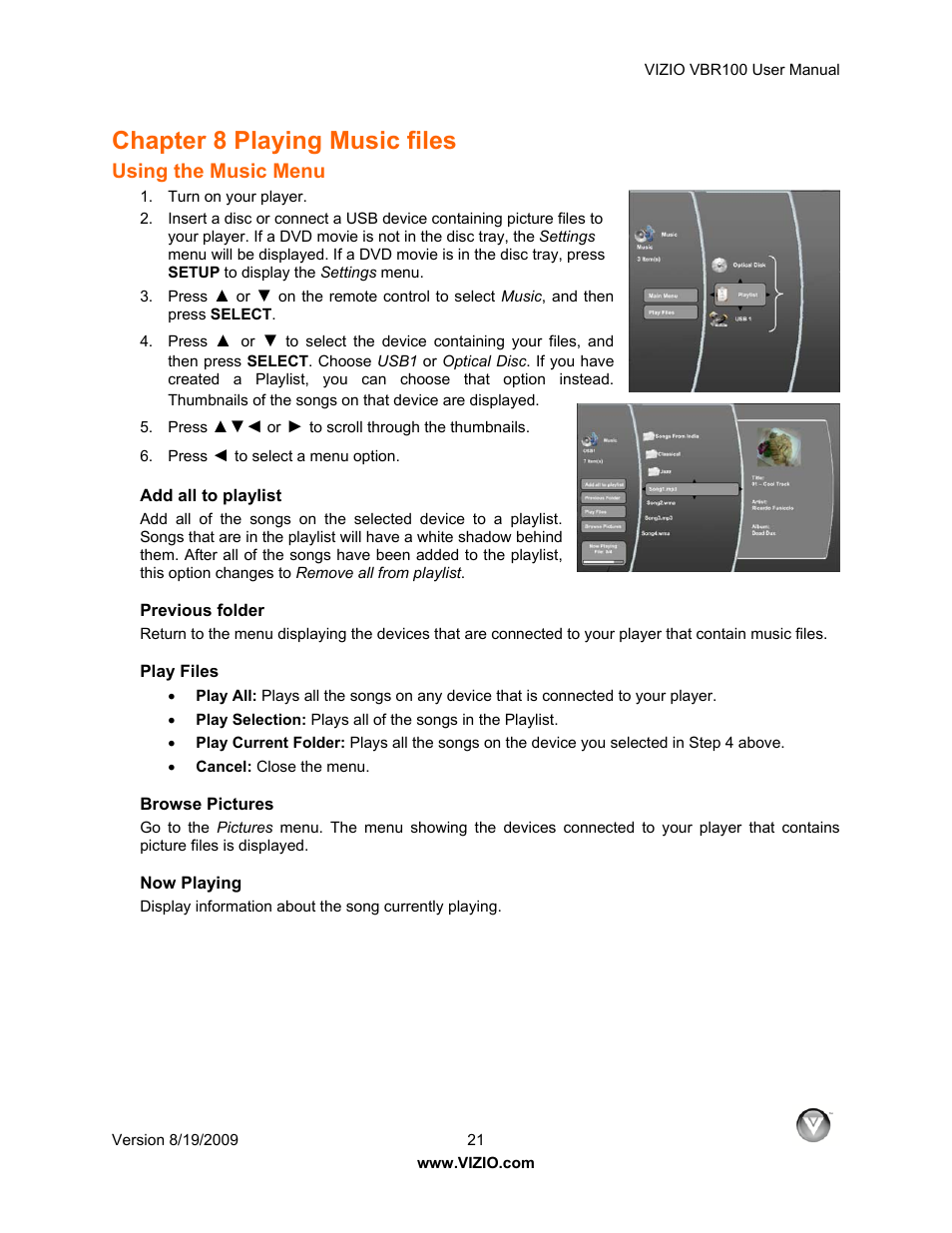 Chapter 8 playing music files, Using the music menu, Add all to playlist | Previous folder, Play files, Browse pictures, Now playing | Vizio VBR100 User Manual | Page 21 / 42