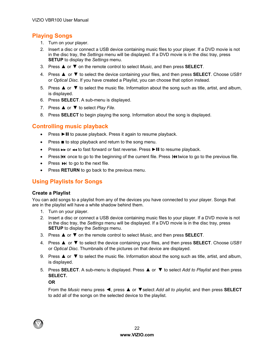 Controlling music playback, Using playlists for songs, Create a playlist | Playing songs | Vizio VBR100 User Manual | Page 22 / 42